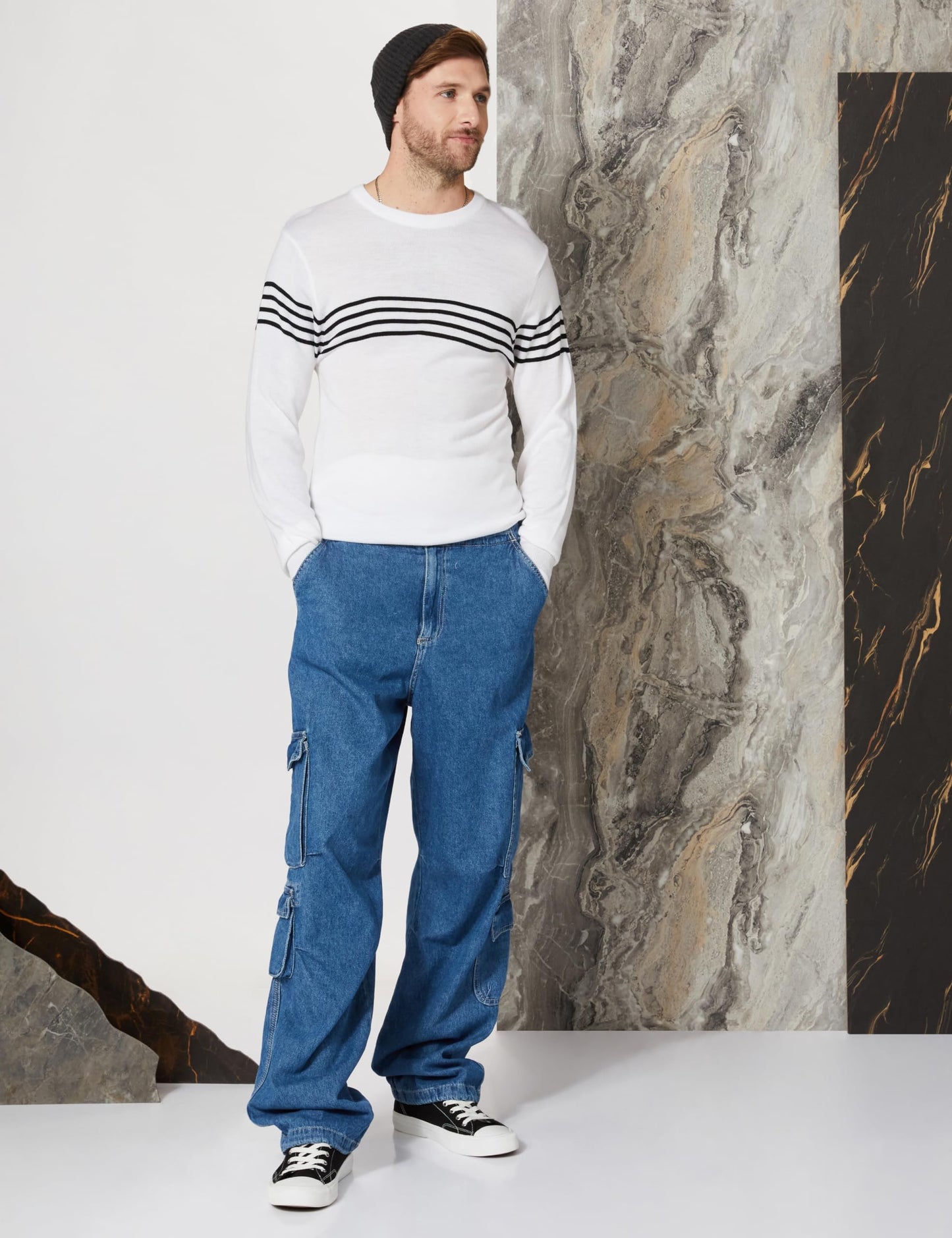 Amazon Brand - Symbol Men's Acrylic Crew Neck Pullover Sweater (SYM-A23-SWT-03_White,Black_S) - GenZlyf