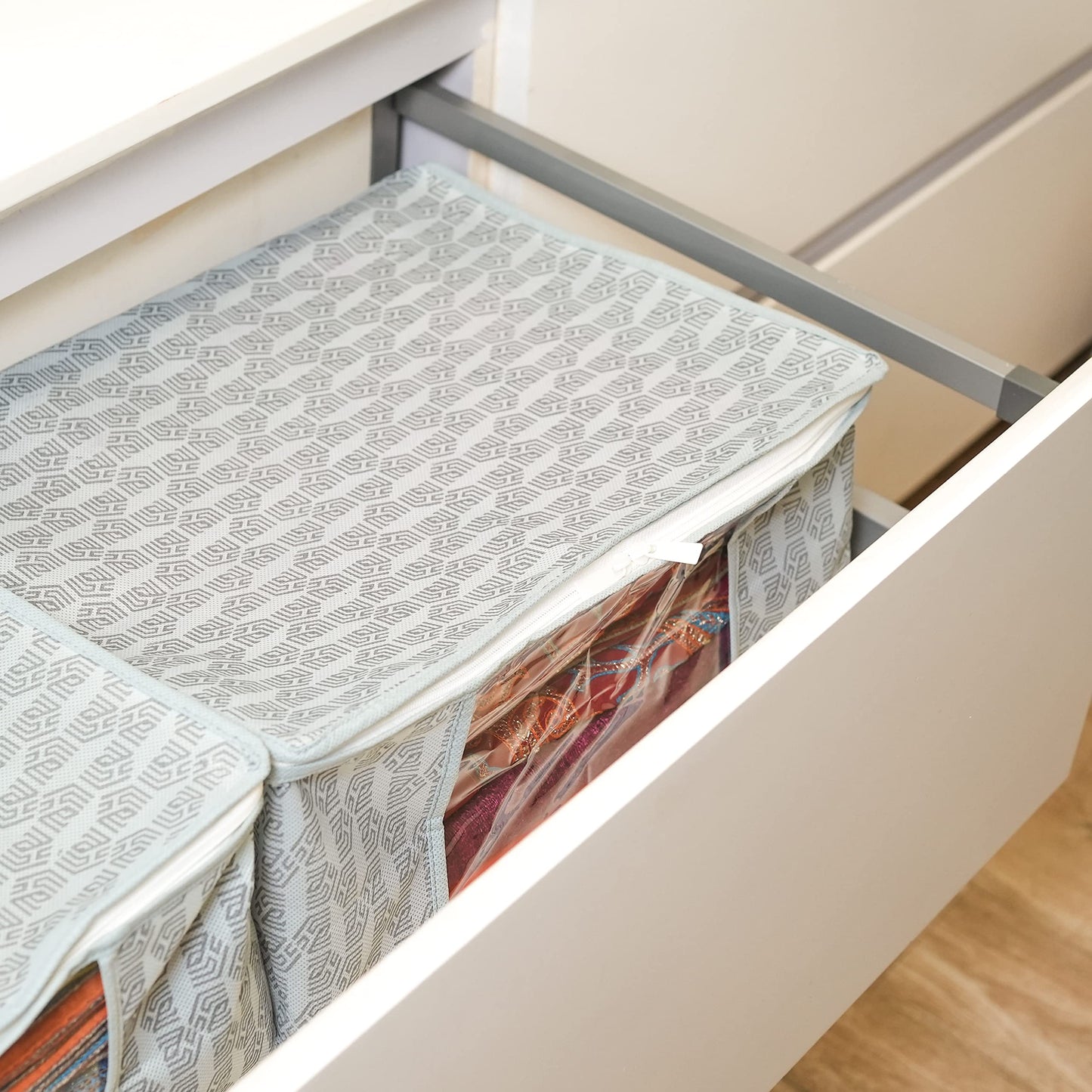 Homestrap Set of 6 Non-Woven Printed Saree Cover/Cloth Storage/Wardrobe Organizer For Clothes with Transparent Window (Grey)(Shark Tank Featured) 45cmx33cmx22cm
