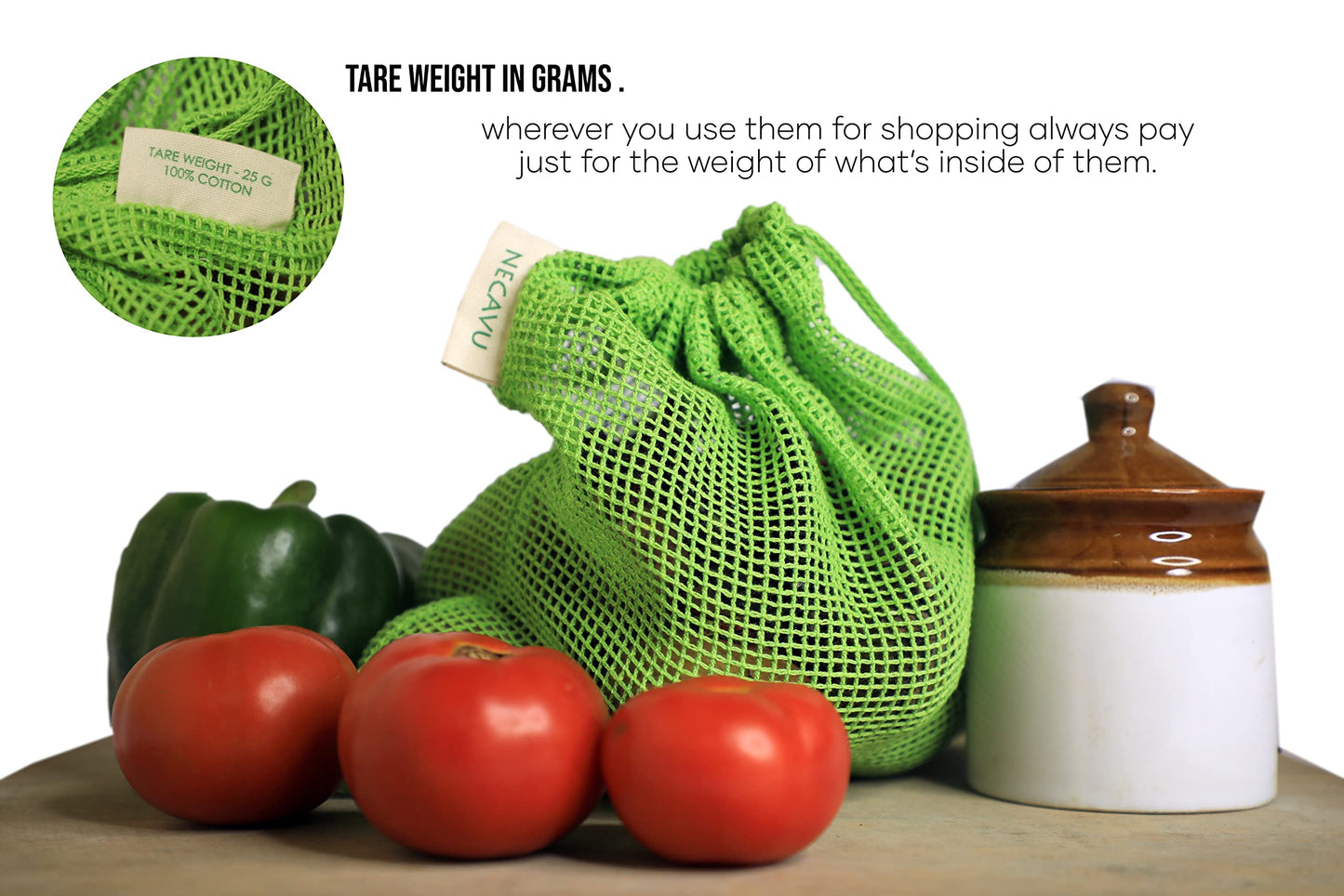 NECAVU 100% Cotton Set of 6 Fridge Drawstring Bags | Eco-Friendly Natural Vegetables Storage Mesh Net for Fridge | Multi-Purpose Cotton Mesh Bag (Neem Green)