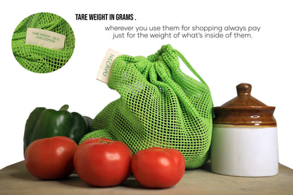 NECAVU 100% Cotton Set of 6 Fridge Drawstring Bags | Eco-Friendly Natural Vegetables Storage Mesh Net for Fridge | Multi-Purpose Cotton Mesh Bag (Neem Green)