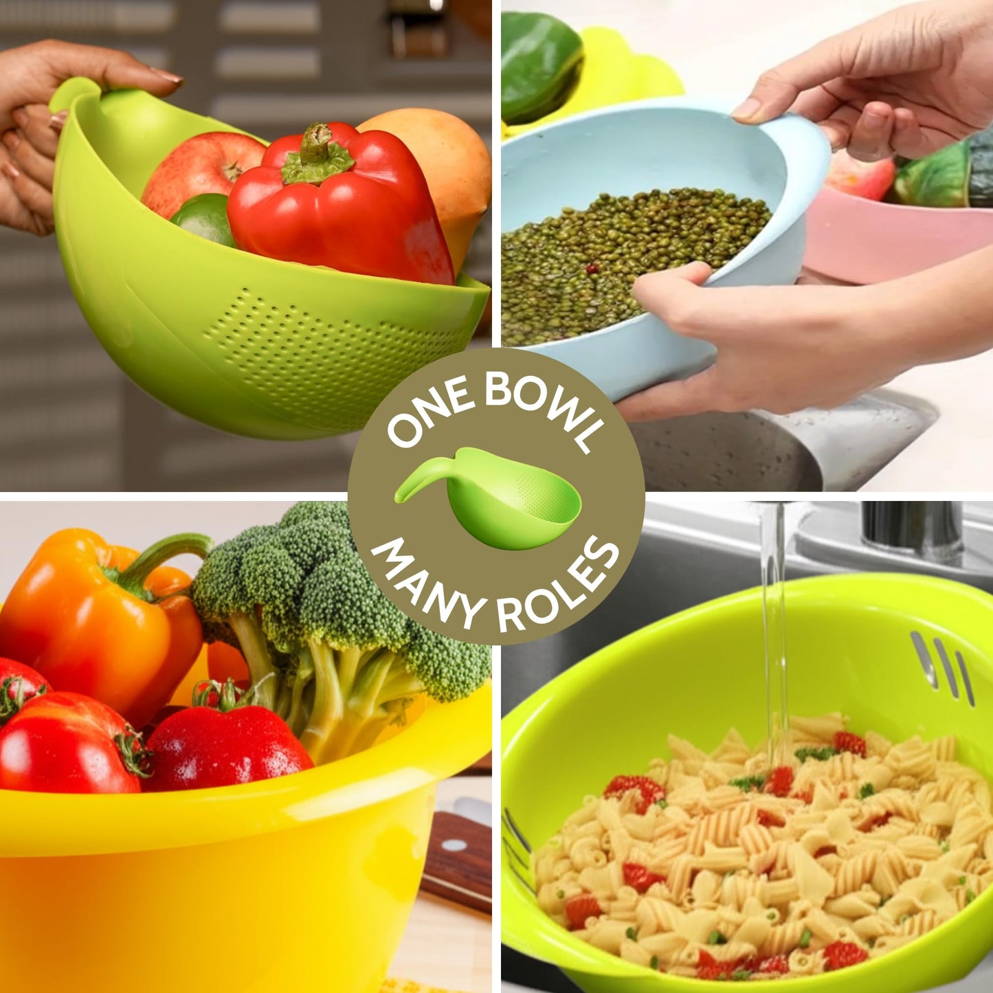Clazkit Multi-Purpose Strainer or Washer Bowl for Rice Fruits & Vegetable Rice Bowl Color May Vary, Plastic - 10.2 x 17.5 x 24.3 Centimeters