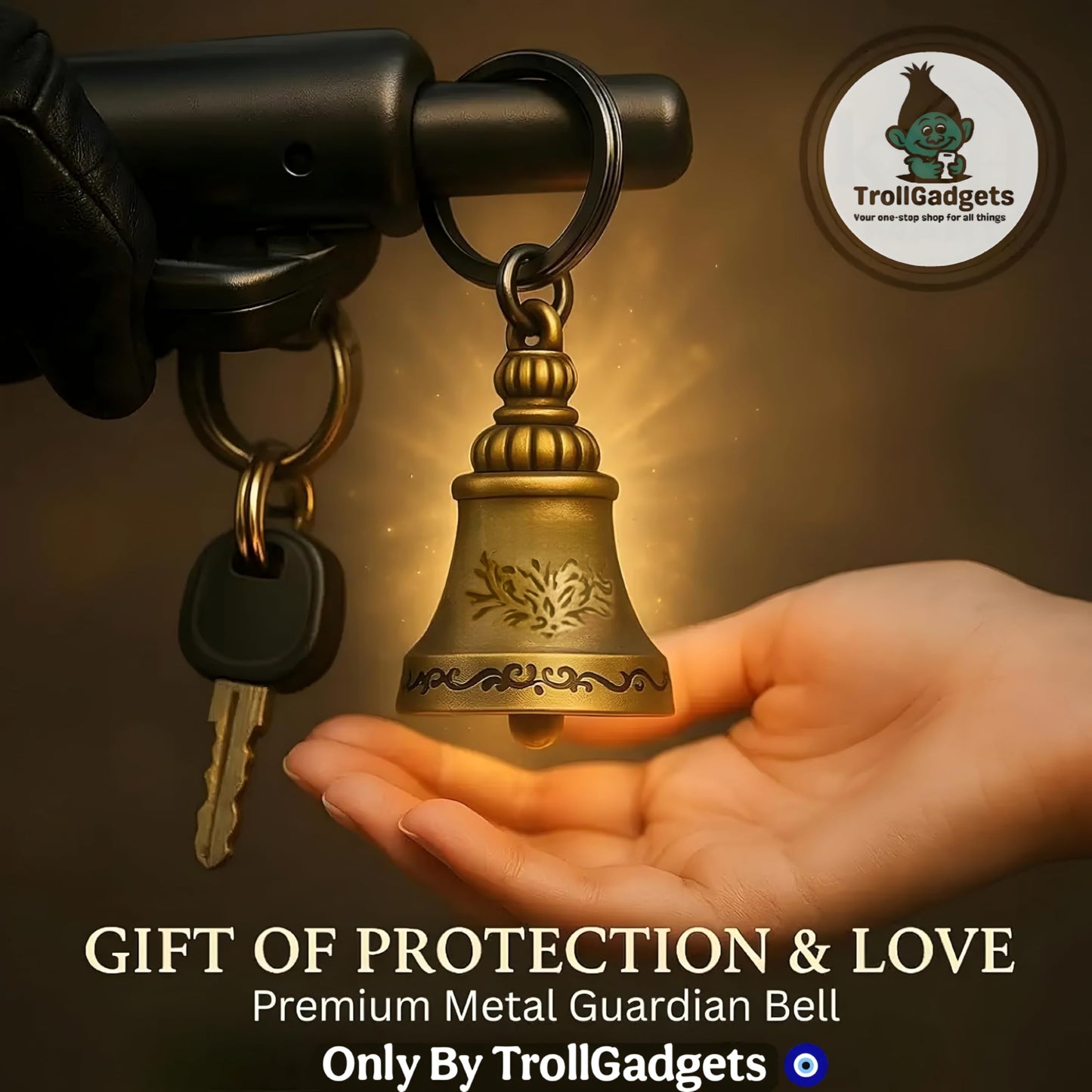TrollGadgets® Guardian Bell Keychain for Bike & Car | Tibetan Texture Bell Keychain with Evil Eye & Silver Hook | Good Luck Charm - GenZlyf