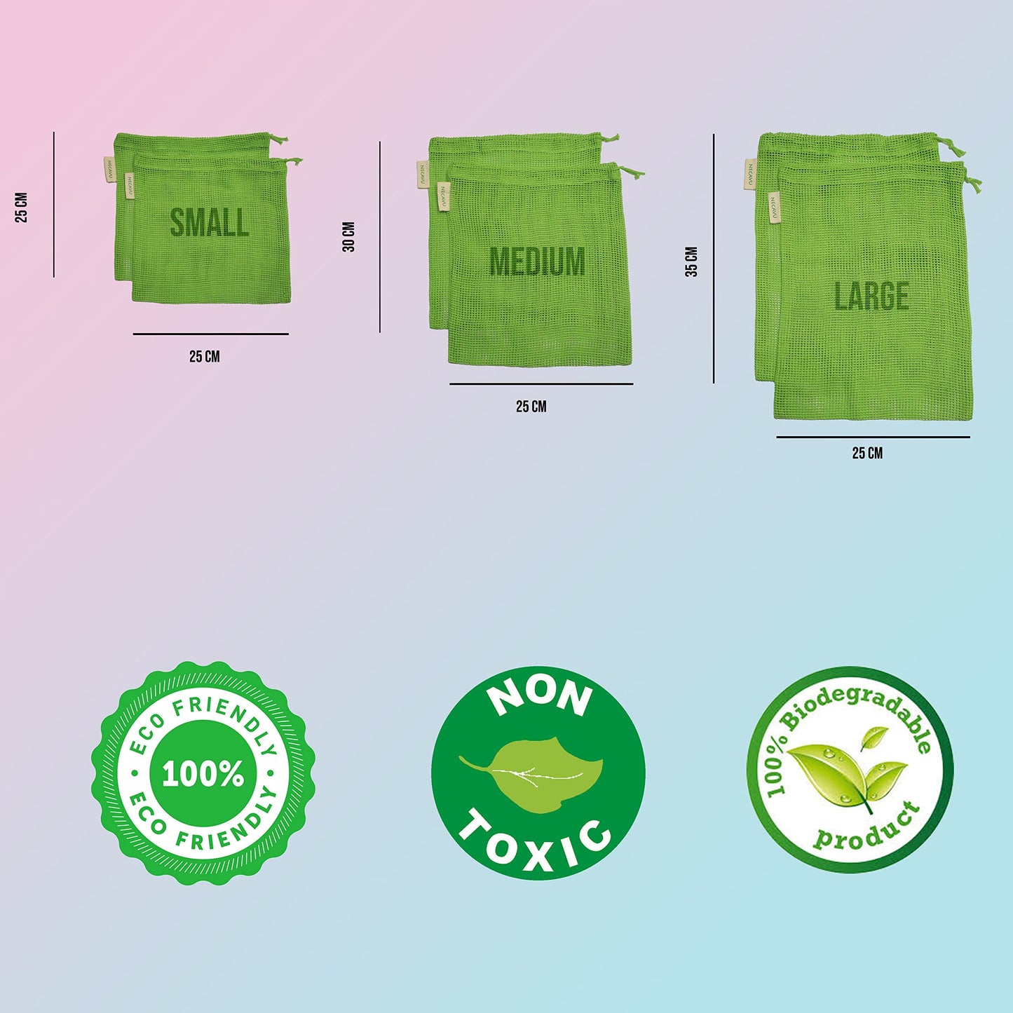 NECAVU 100% Cotton Set of 6 Fridge Drawstring Bags | Eco-Friendly Natural Vegetables Storage Mesh Net for Fridge | Multi-Purpose Cotton Mesh Bag (Neem Green)