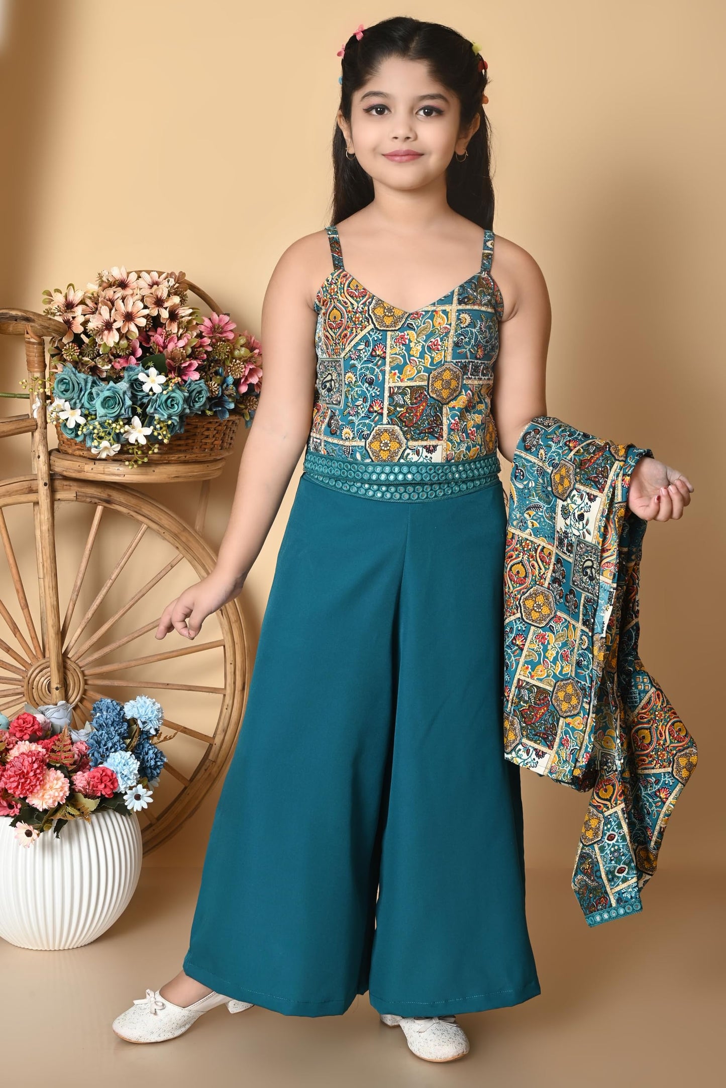 SPAMitude - Girls Self Designed Premium Cotton Blend Top Pant Jacket | 3pcs Party Dress for Girls I V Neck Stylish Sleeve Design Dress for Birthday Girl (Green, 11-12 Years) - GenZlyf