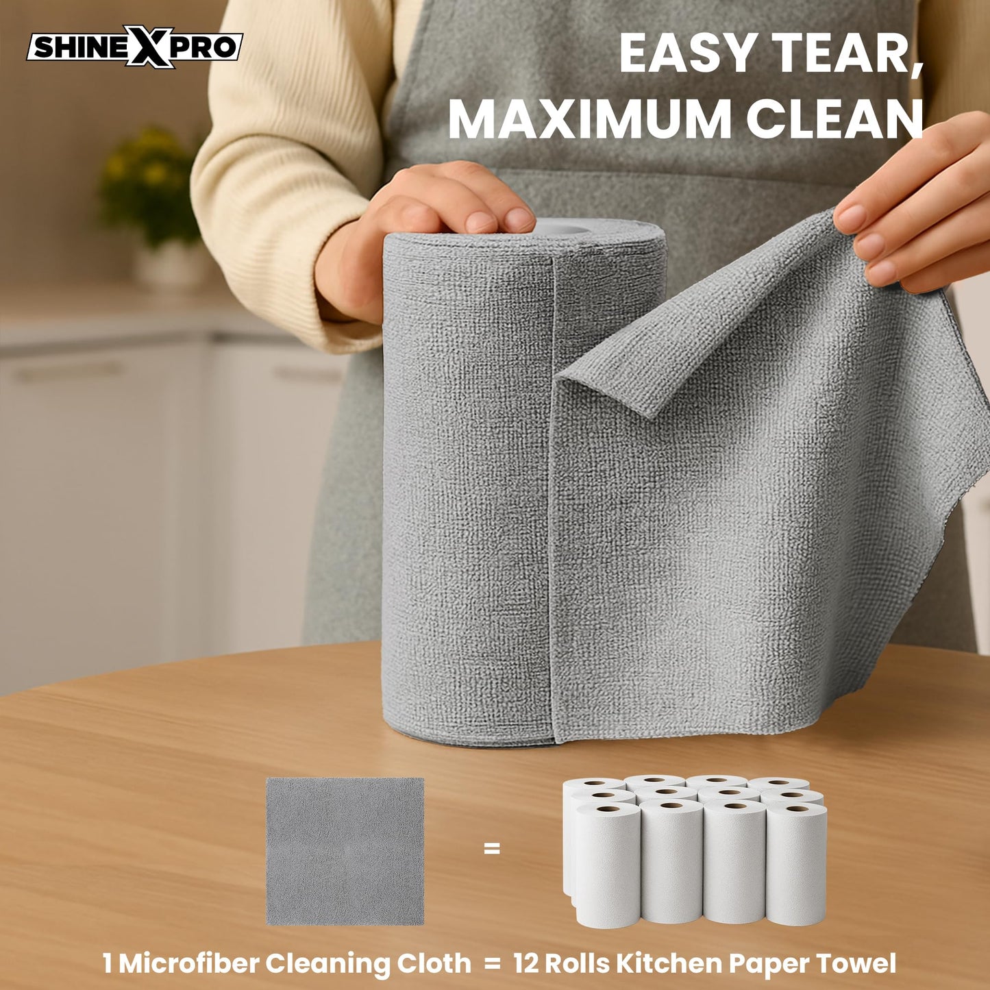 ShineXPro Microfiber Cleaning Cloth Roll, 20Pcs, 4000 Times Washable - 10X Cheaper Than Paper Kitchen Towel Roll - Ultra Absorbent Lint Free Microfiber Cleaning Cloth for Kitchen - Tearable, Reusable - GenZlyf