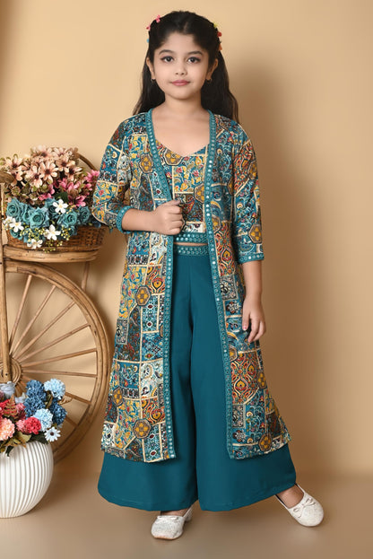 SPAMitude - Girls Self Designed Premium Cotton Blend Top Pant Jacket | 3pcs Party Dress for Girls I V Neck Stylish Sleeve Design Dress for Birthday Girl (Green, 11-12 Years) - GenZlyf