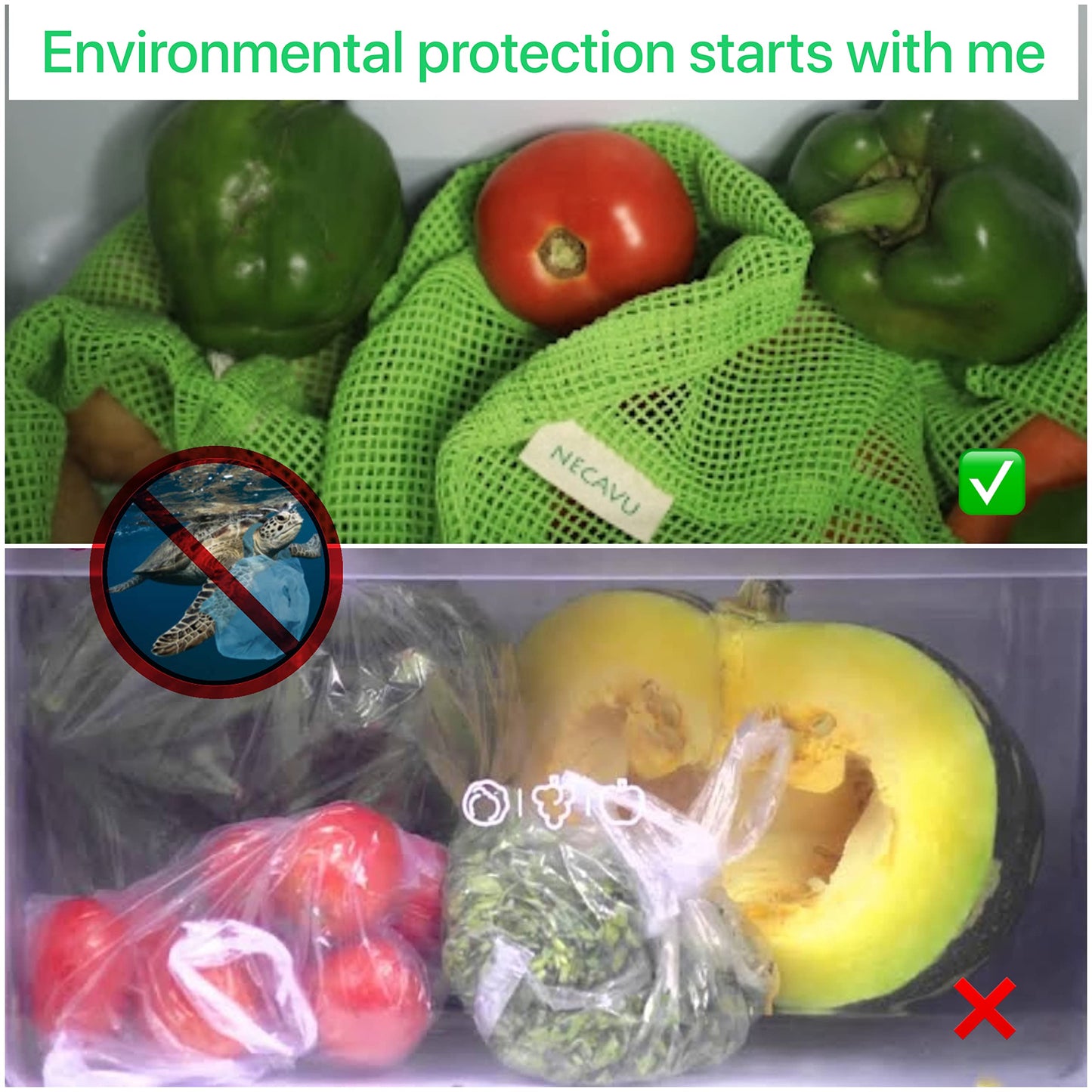 NECAVU 100% Cotton Set of 6 Fridge Drawstring Bags | Eco-Friendly Natural Vegetables Storage Mesh Net for Fridge | Multi-Purpose Cotton Mesh Bag (Neem Green)