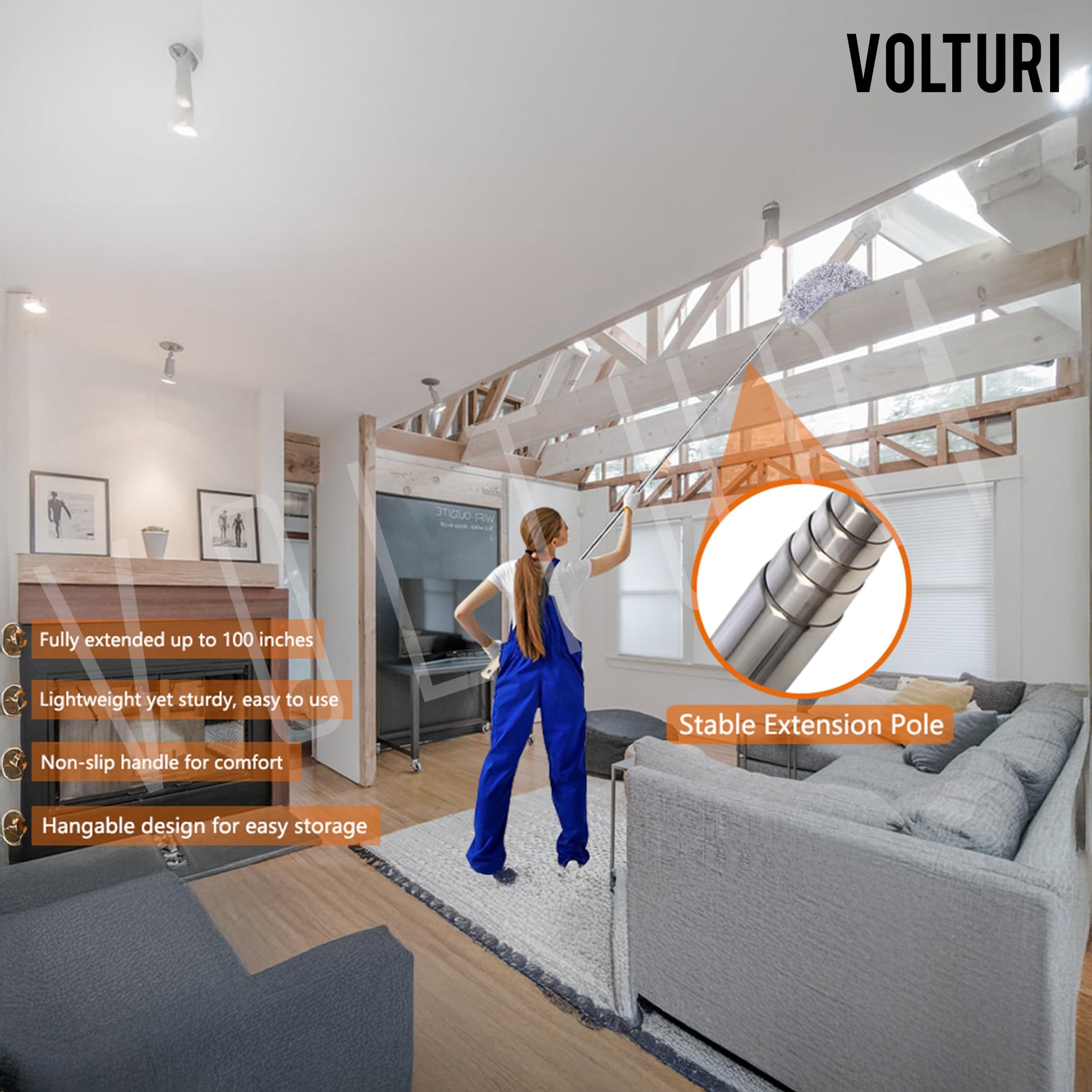 VOLTURI Microfiber Feather Duster Bendable & Extendable Fan Cleaning Duster with 100 inches Expandable Pole Handle Washable Duster for High Ceiling Fans,Window Blinds, Furniture (Standard) - GenZlyf