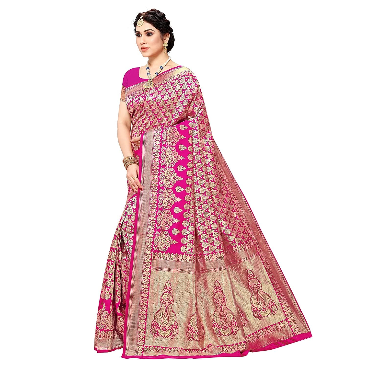 Yashika Women's Trendy Banarasi Kanjivaram Pink Color Art Silk Saree with Blouse Material (MALIYA PINK) - GenZlyf