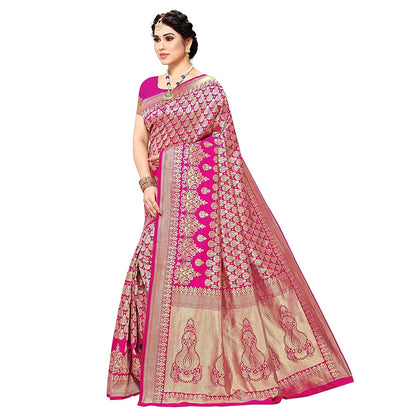 Yashika Women's Trendy Banarasi Kanjivaram Pink Color Art Silk Saree with Blouse Material (MALIYA PINK) - GenZlyf
