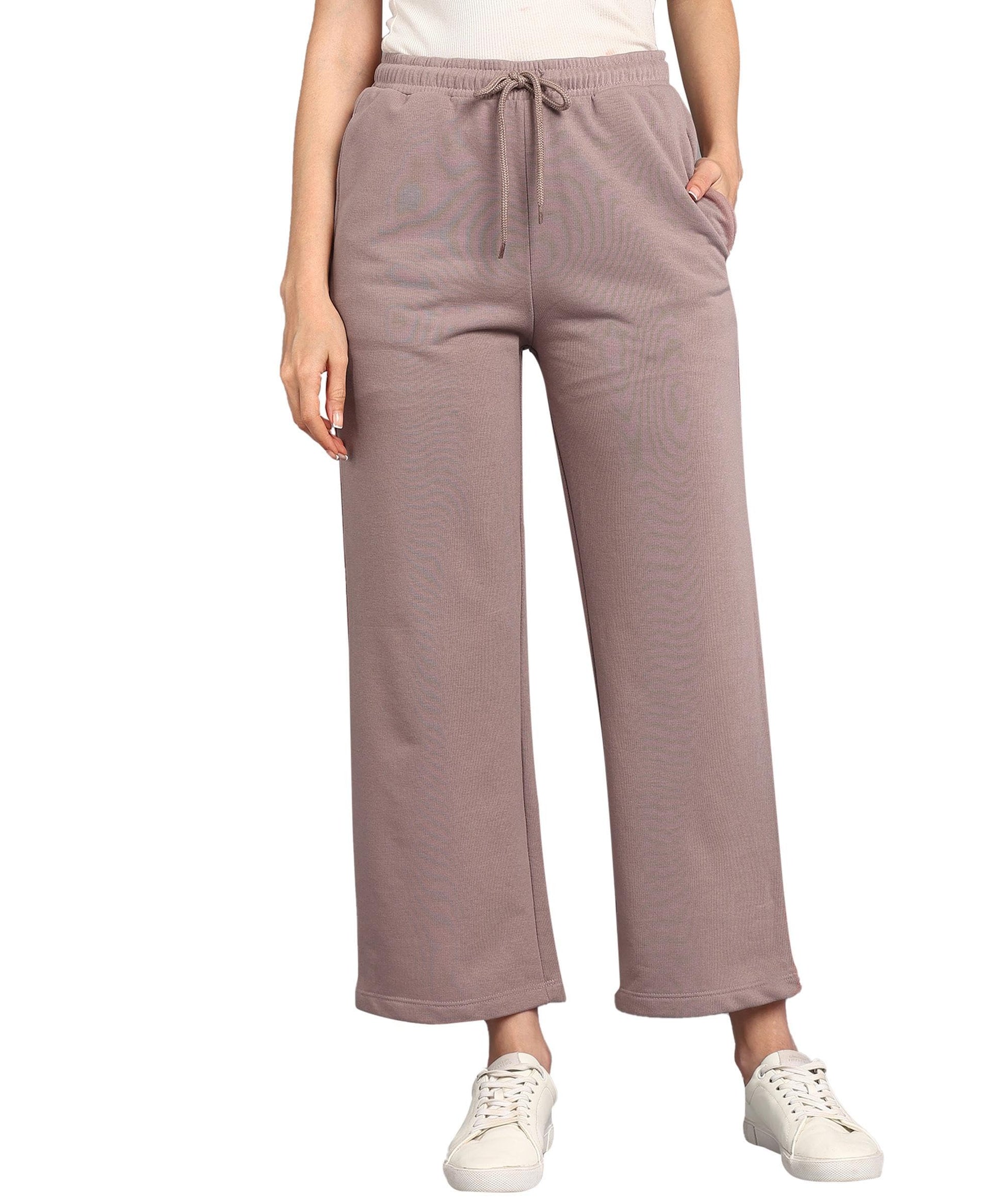 Alan Jones Clothing Women Mid Rise Solid Relaxed Fit Wide Leg Track Pants | Heavy Gsm Cotton Blend | Elastic Waist With Drawstring, Side Pockets (Dusty Pink_2Xl) - GenZlyf