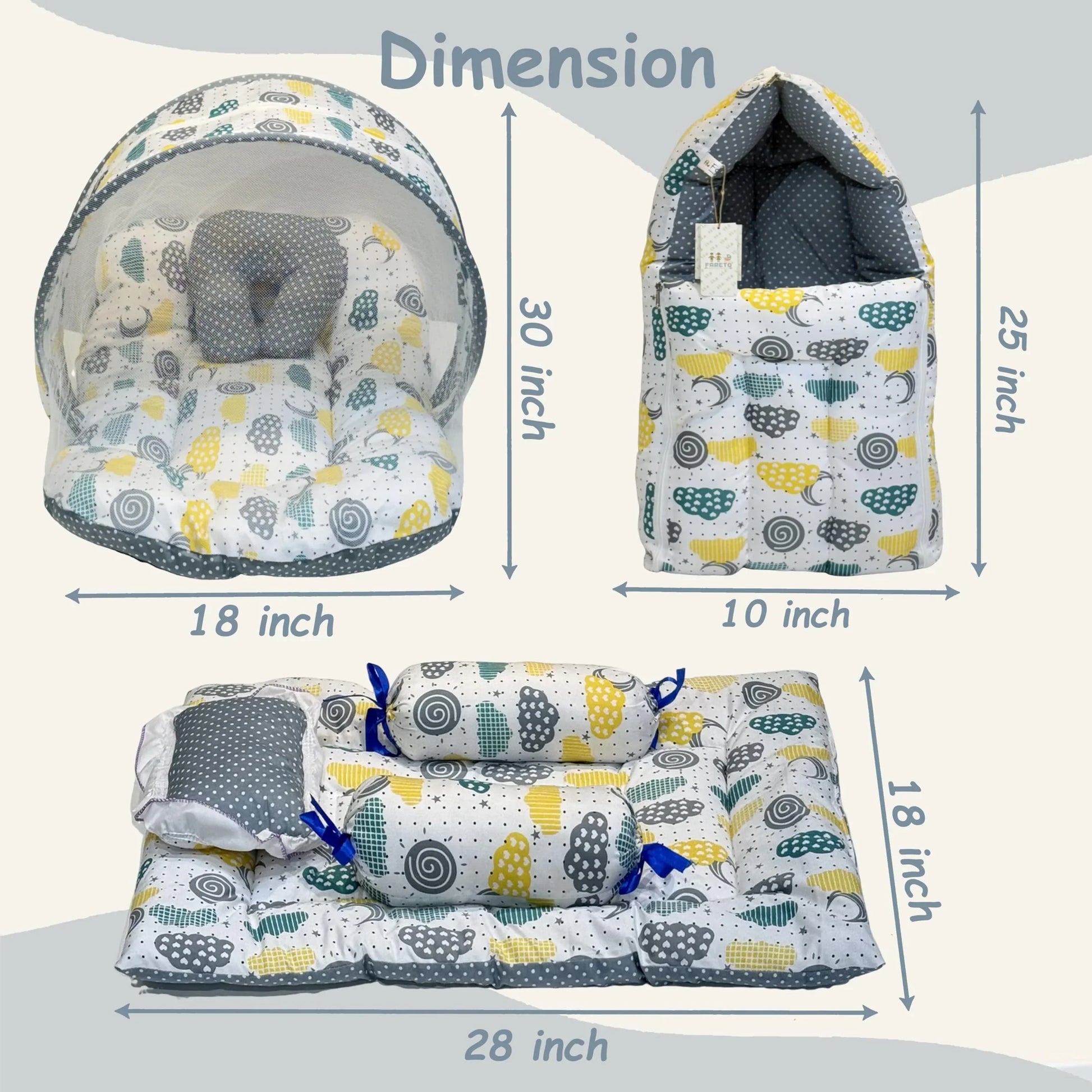 Infantbond Baby Mattress with net | Baby Carry Bag | 4 Pcs Bedding Set | Grey Sprial (0-6 Months) (Full Set) - GenZlyf