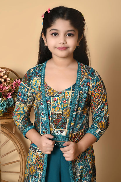 SPAMitude - Girls Self Designed Premium Cotton Blend Top Pant Jacket | 3pcs Party Dress for Girls I V Neck Stylish Sleeve Design Dress for Birthday Girl (Green, 11-12 Years) - GenZlyf