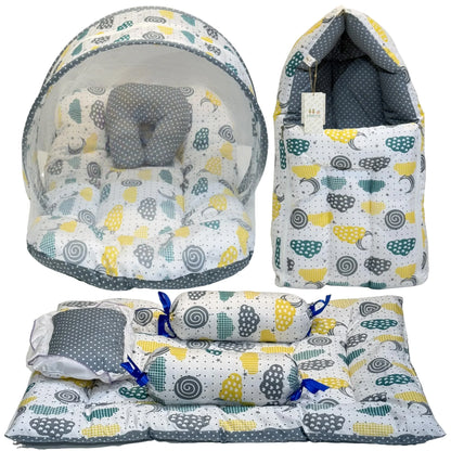 Infantbond Baby Mattress with net | Baby Carry Bag | 4 Pcs Bedding Set | Grey Sprial (0-6 Months) (Full Set) - GenZlyf