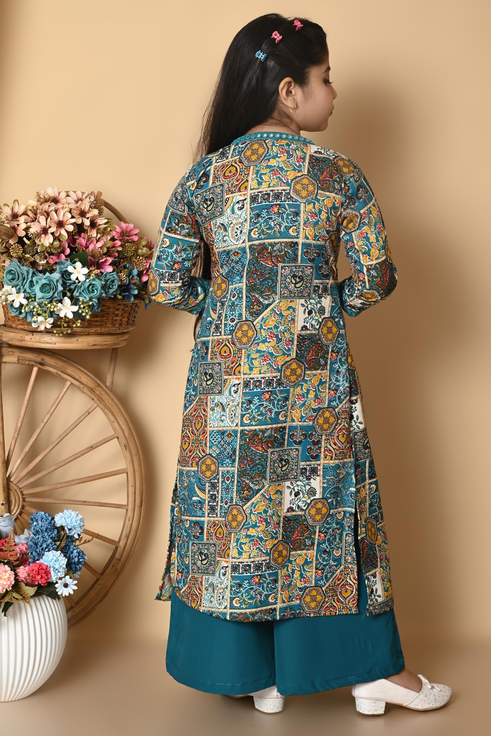 SPAMitude - Girls Self Designed Premium Cotton Blend Top Pant Jacket | 3pcs Party Dress for Girls I V Neck Stylish Sleeve Design Dress for Birthday Girl (Green, 11-12 Years) - GenZlyf