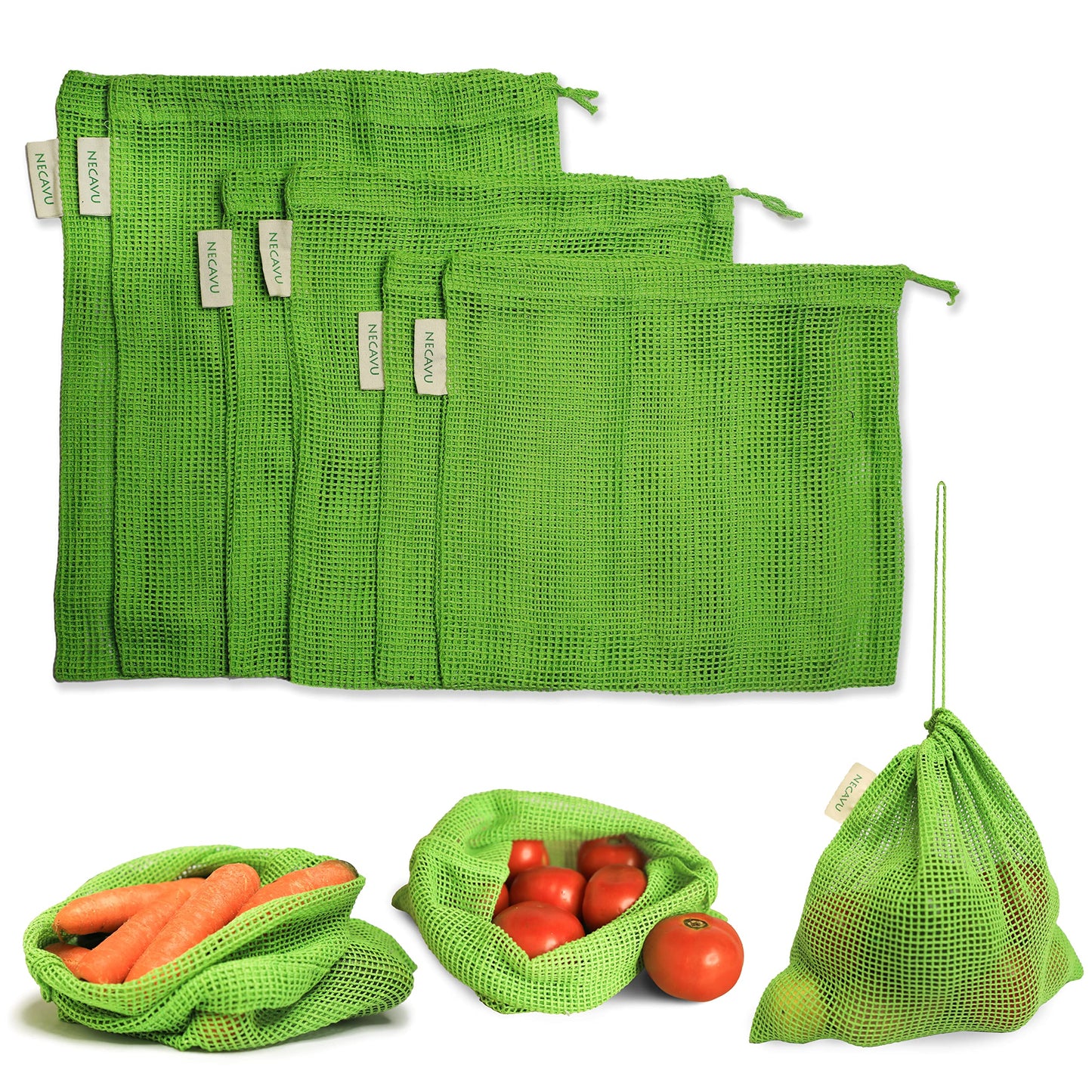 NECAVU 100% Cotton Set of 6 Fridge Drawstring Bags | Eco-Friendly Natural Vegetables Storage Mesh Net for Fridge | Multi-Purpose Cotton Mesh Bag (Neem Green)