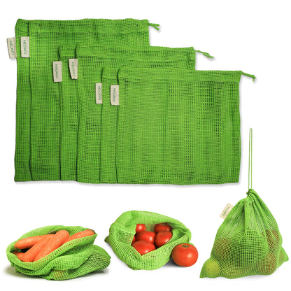 NECAVU 100% Cotton Set of 6 Fridge Drawstring Bags | Eco-Friendly Natural Vegetables Storage Mesh Net for Fridge | Multi-Purpose Cotton Mesh Bag (Neem Green)