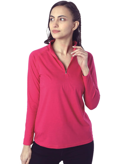 London Hills Cotton Blend Solid Women Regular Fit T-Shirt Full Sleeve Zipper Tshirt For Women (Magenta), Large